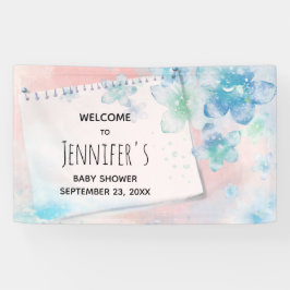  Blauwe Bloemen op Roze Achtergrond Baby shower Spandoek