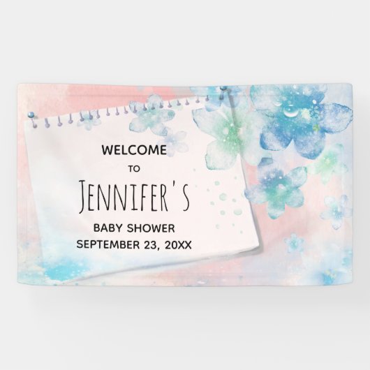 Blauwe Bloemen op Roze Achtergrond Baby shower Spandoek (Horizontaal)