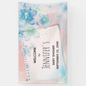 Blauwe Bloemen op Roze Achtergrond Baby shower Spandoek (Verticaal)