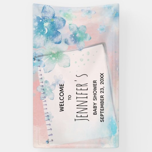  Blauwe Bloemen op Roze Achtergrond Baby shower Spandoek (Verticaal)