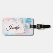  blauwe bloemen op roze achtergrond bagagelabel (Voorkant horizontaal)