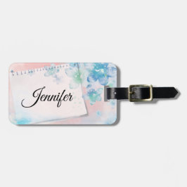  blauwe bloemen op roze achtergrond bagagelabel