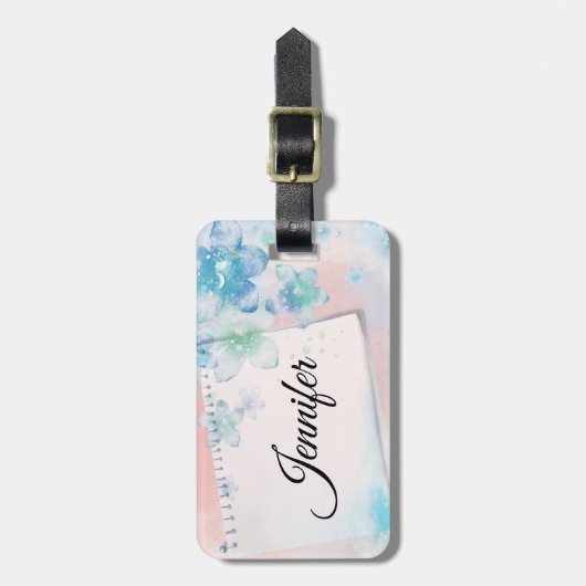 blauwe bloemen op roze achtergrond bagagelabel (Voorkant verticaal)