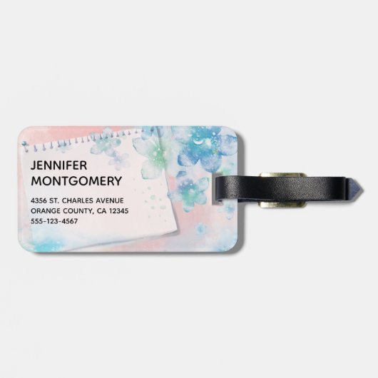  blauwe bloemen op roze achtergrond bagagelabel (Achterkant horizontaal)
