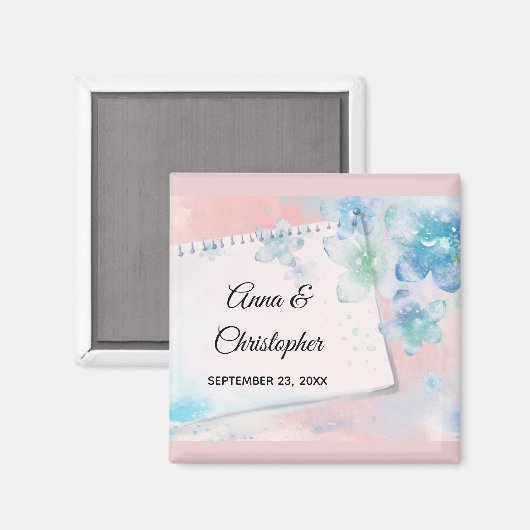 blauwe bloemen op roze achtergrond bruiloft magneet (Voorkant / Achterkant)