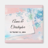 blauwe bloemen op roze achtergrond bruiloft magneet (Voorkant)