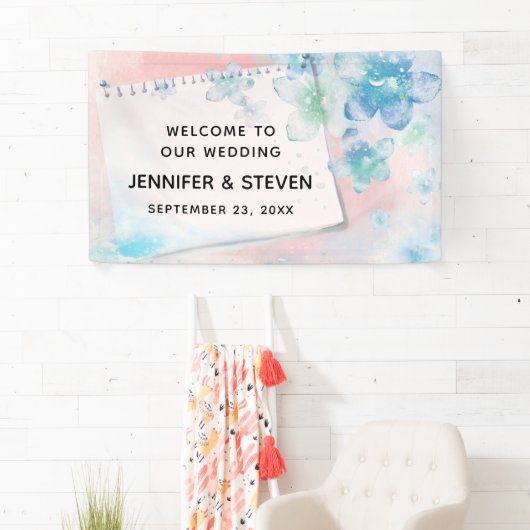 blauwe bloemen op roze achtergrond bruiloft spandoek (Insitu)