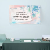 blauwe bloemen op roze achtergrond bruiloft spandoek (Beurs)