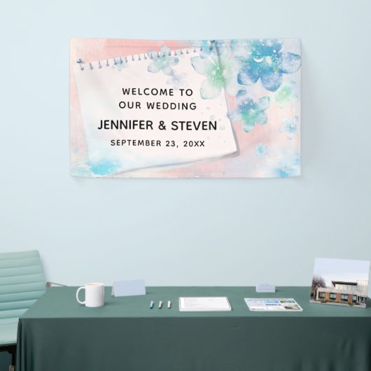 blauwe bloemen op roze achtergrond bruiloft spandoek (Beurs)