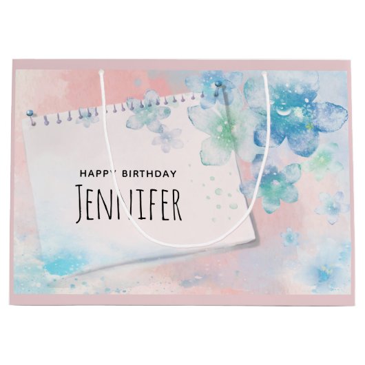 Blauwe Bloemen op Roze Achtergrond Dag Groot Cadeauzakje (Voorkant)