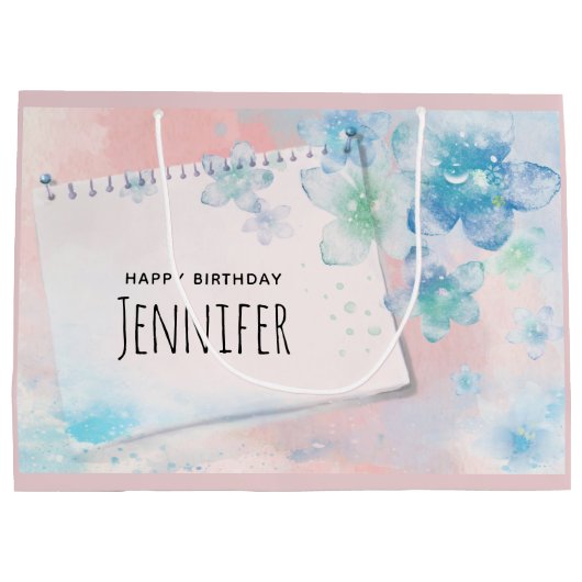  Blauwe Bloemen op Roze Achtergrond Dag Groot Cadeauzakje (Achterkant)