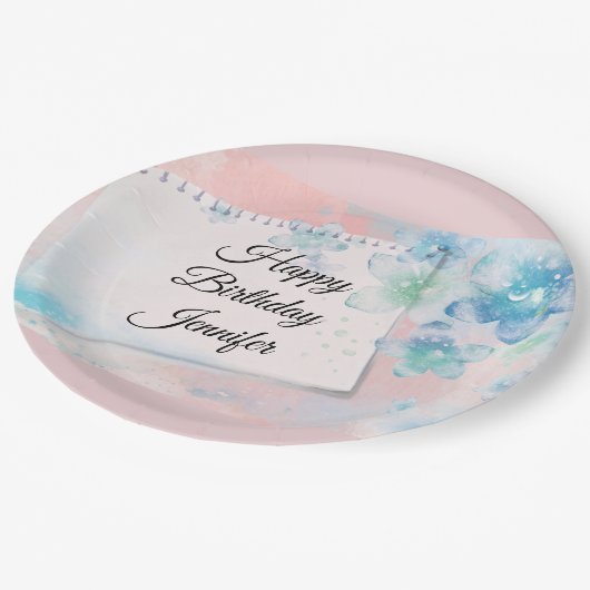 Blauwe Bloemen op Roze Achtergrond Dag Papieren Bordje (Gekanteld)