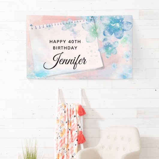  Blauwe Bloemen op Roze Achtergrond Dag Spandoek (Insitu)