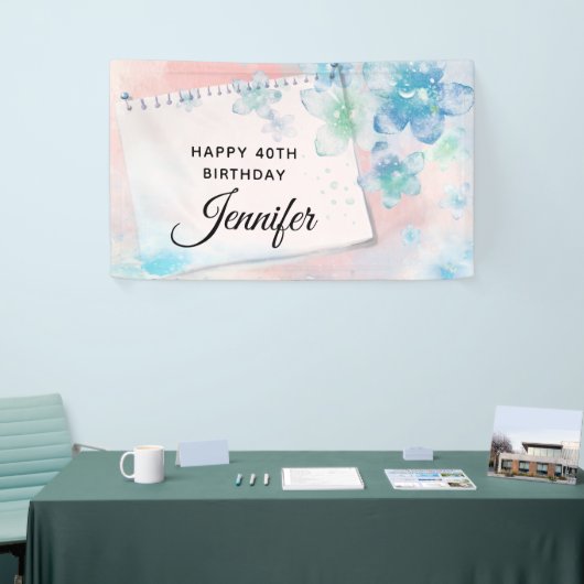 Blauwe Bloemen op Roze Achtergrond Dag Spandoek (Beurs)