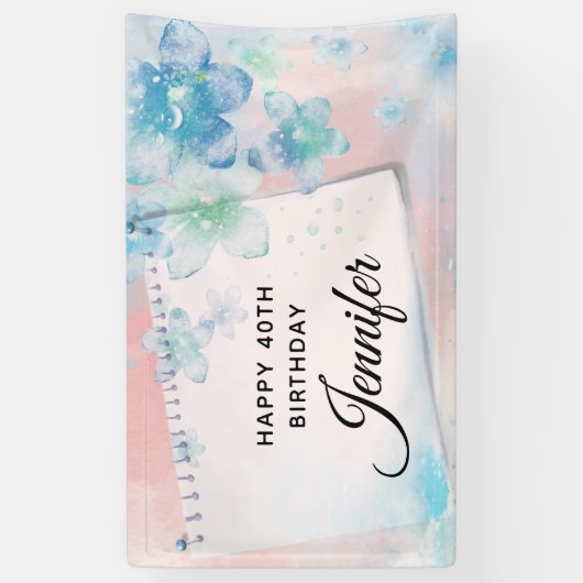 Blauwe Bloemen op Roze Achtergrond Dag Spandoek (Verticaal)