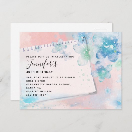 Blauwe Bloemen op Roze Achtergrond Dag Uitnodiging Briefkaart (Voorkant / Achterkant)