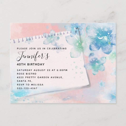 Blauwe Bloemen op Roze Achtergrond Dag Uitnodiging Briefkaart (Voorkant)