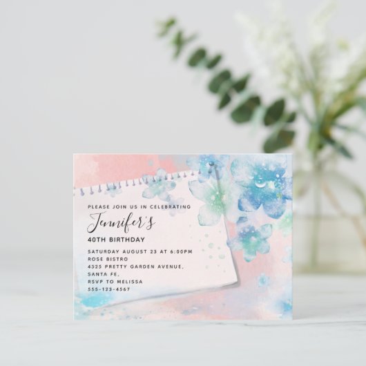  Blauwe Bloemen op Roze Achtergrond Dag Uitnodiging Briefkaart (Staand voorkant)