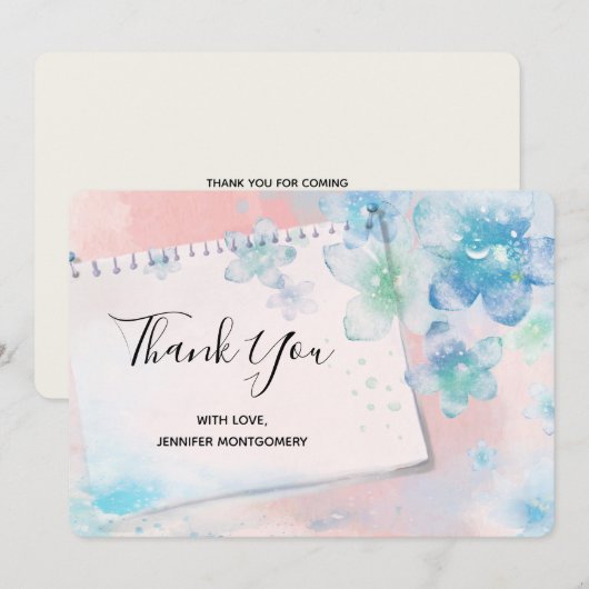 blauwe bloemen op roze achtergrond Dank u Bedankkaart (Voorkant / Achterkant)