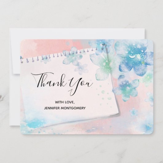 blauwe bloemen op roze achtergrond Dank u Bedankkaart (Voorkant)