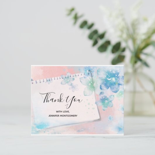 blauwe bloemen op roze achtergrond Dank u Briefkaart (Staand voorkant)