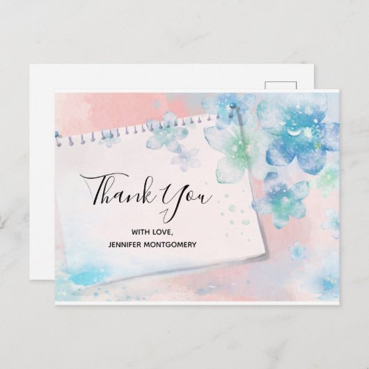 blauwe bloemen op roze achtergrond Dank u Briefkaart (Voorkant / Achterkant)