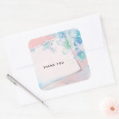 blauwe bloemen op roze achtergrond Dank u Vierkante Sticker (Envelop)