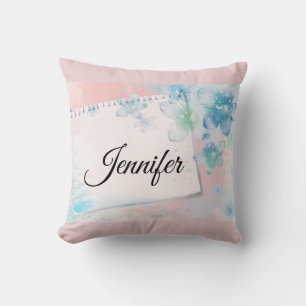  blauwe bloemen op roze achtergrond kussen