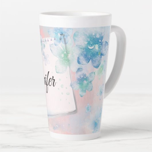 blauwe bloemen op roze achtergrond latte mok (Rechterhoek)