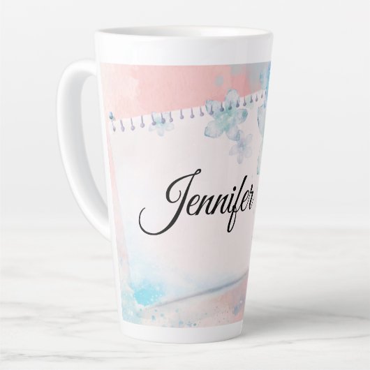  blauwe bloemen op roze achtergrond latte mok (Linkerhoek)