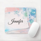 blauwe bloemen op roze achtergrond muismat (Met muis)