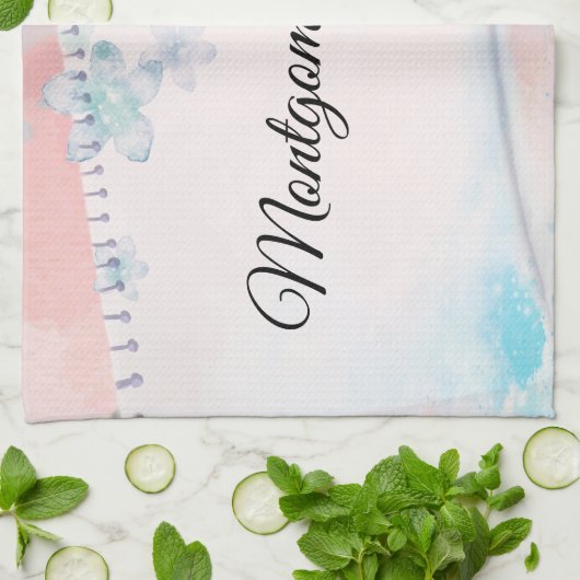 blauwe bloemen op roze achtergrond theedoek (Gevouwen)