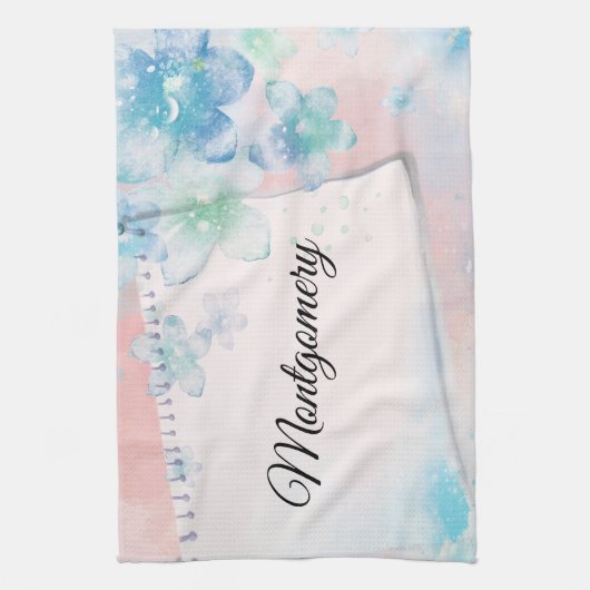  blauwe bloemen op roze achtergrond theedoek (Verticaal)