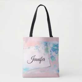  blauwe bloemen op roze achtergrond tote bag