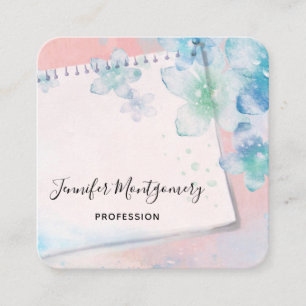  blauwe bloemen op roze achtergrond vierkante visitekaartje