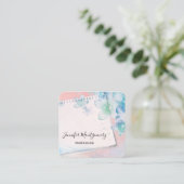  blauwe bloemen op roze achtergrond vierkante visitekaartje (Staand voorkant)