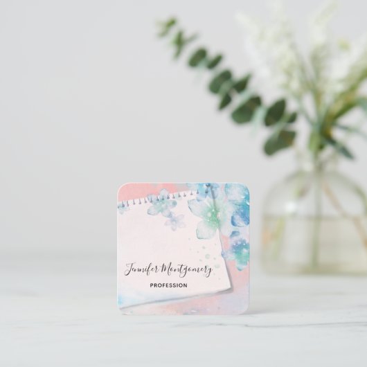  blauwe bloemen op roze achtergrond vierkante visitekaartje (Staand voorkant)