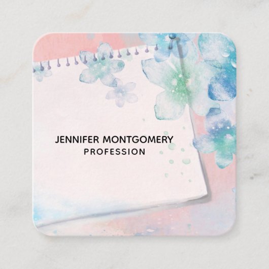  blauwe bloemen op roze achtergrond vierkante visitekaartje (Voorkant)