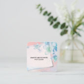  blauwe bloemen op roze achtergrond vierkante visitekaartje (Staand voorkant)