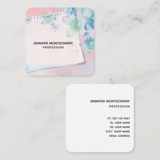  blauwe bloemen op roze achtergrond vierkante visitekaartje (Voorkant / Achterkant)