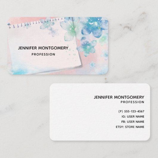  blauwe bloemen op roze achtergrond visitekaartje (Voorkant / Achterkant)