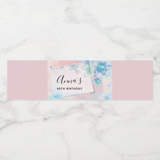  blauwe bloemen op roze achtergrond waterfles etiket (Enkel label)