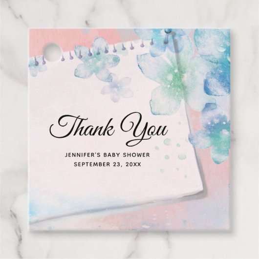  Blauwe Bloemen op Roze Baby shower Bedankjes Labels (Voorkant)