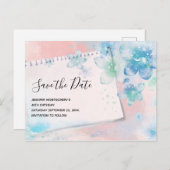  Blauwe Bloemen op Roze Save the Date Uitnodiging Briefkaart (Voorkant / Achterkant)