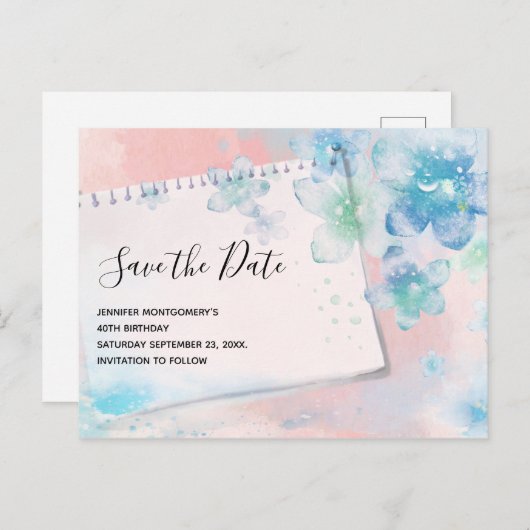  Blauwe Bloemen op Roze Save the Date Uitnodiging Briefkaart (Voorkant / Achterkant)