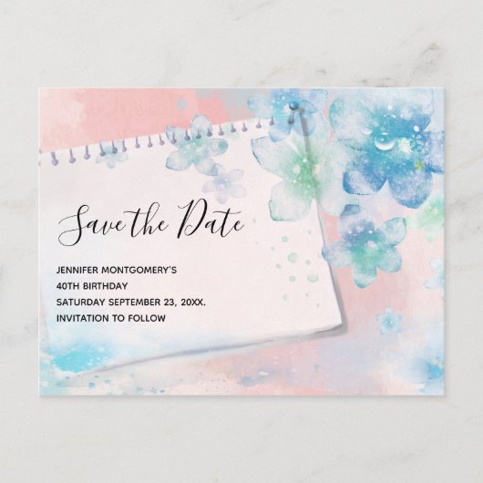  Blauwe Bloemen op Roze Save the Date Uitnodiging Briefkaart (Voorkant)