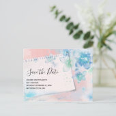  Blauwe Bloemen op Roze Save the Date Uitnodiging Briefkaart (Staand voorkant)