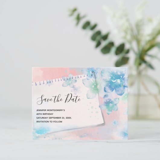  Blauwe Bloemen op Roze Save the Date Uitnodiging Briefkaart (Staand voorkant)