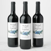 Blauwe Bloemen op Witte Bruiloft Wijn Etiket (Flessen)