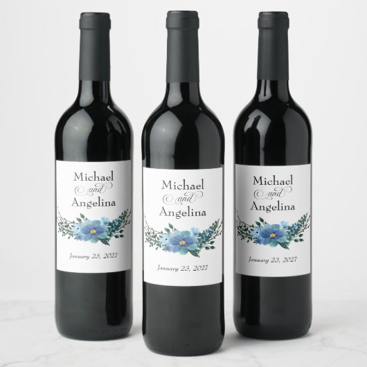 Blauwe Bloemen op Witte Bruiloft Wijn Etiket (Flessen)